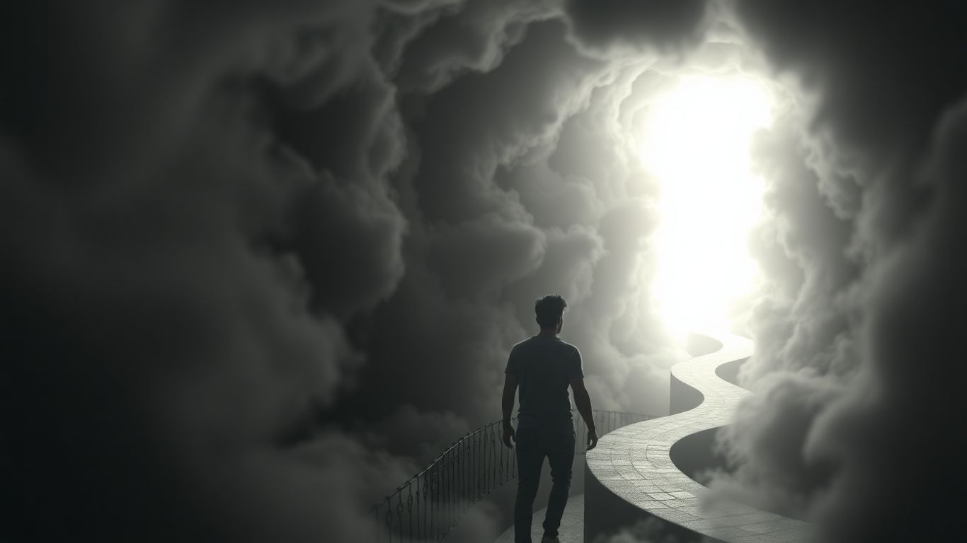 Person emerging from a dark maze into bright light.
