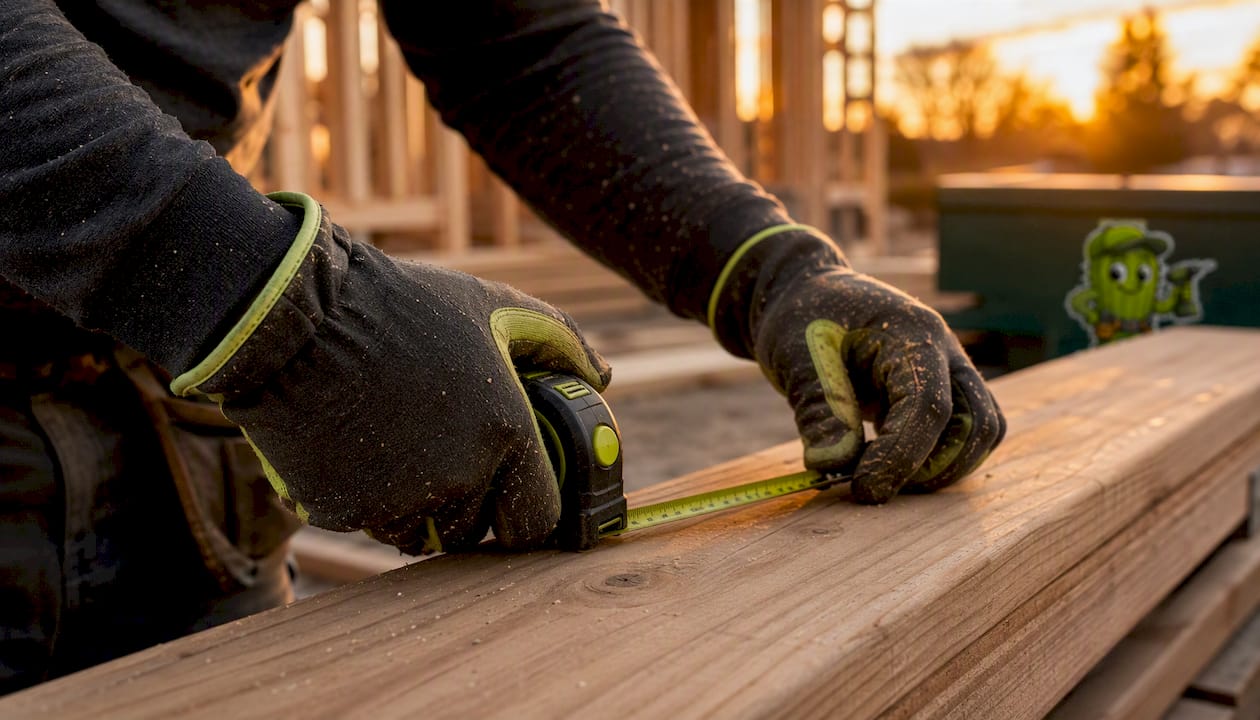 Hands measuring cedar decking board outdoors