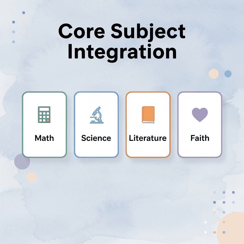 Infographic showing core subjects integrated with faith-based learning