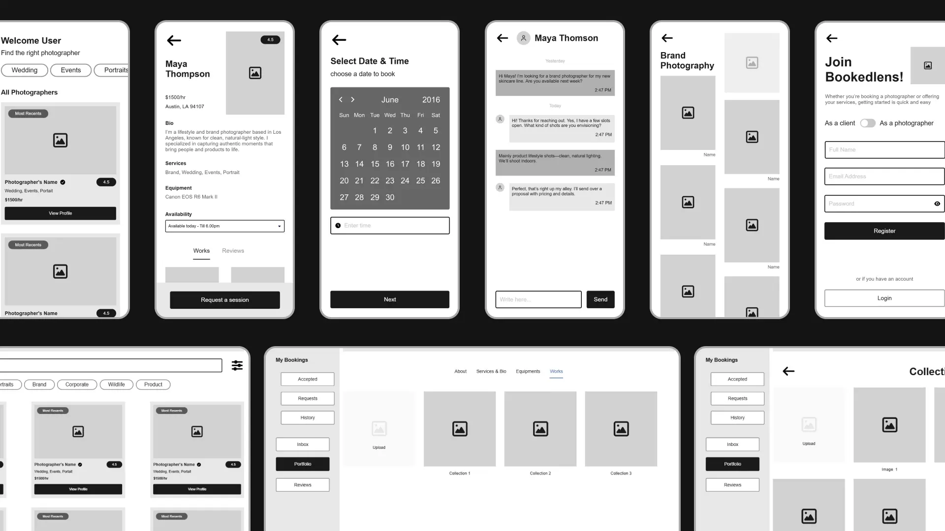 Detailed high-fidelity wireframes showcasing the booking interface, photographer dashboard, and search filters for the BookedLens platform.