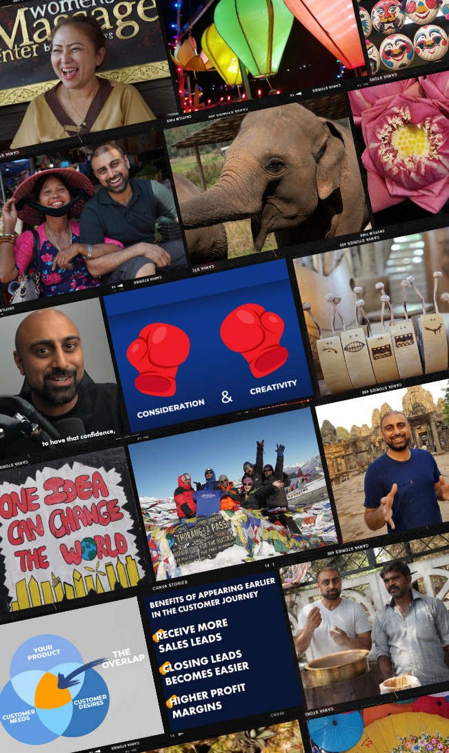 Travel and business-themed photo collage featuring people, elephant, market scenes, boxing gloves, diagrams, flowers, and customer journey text graphics.