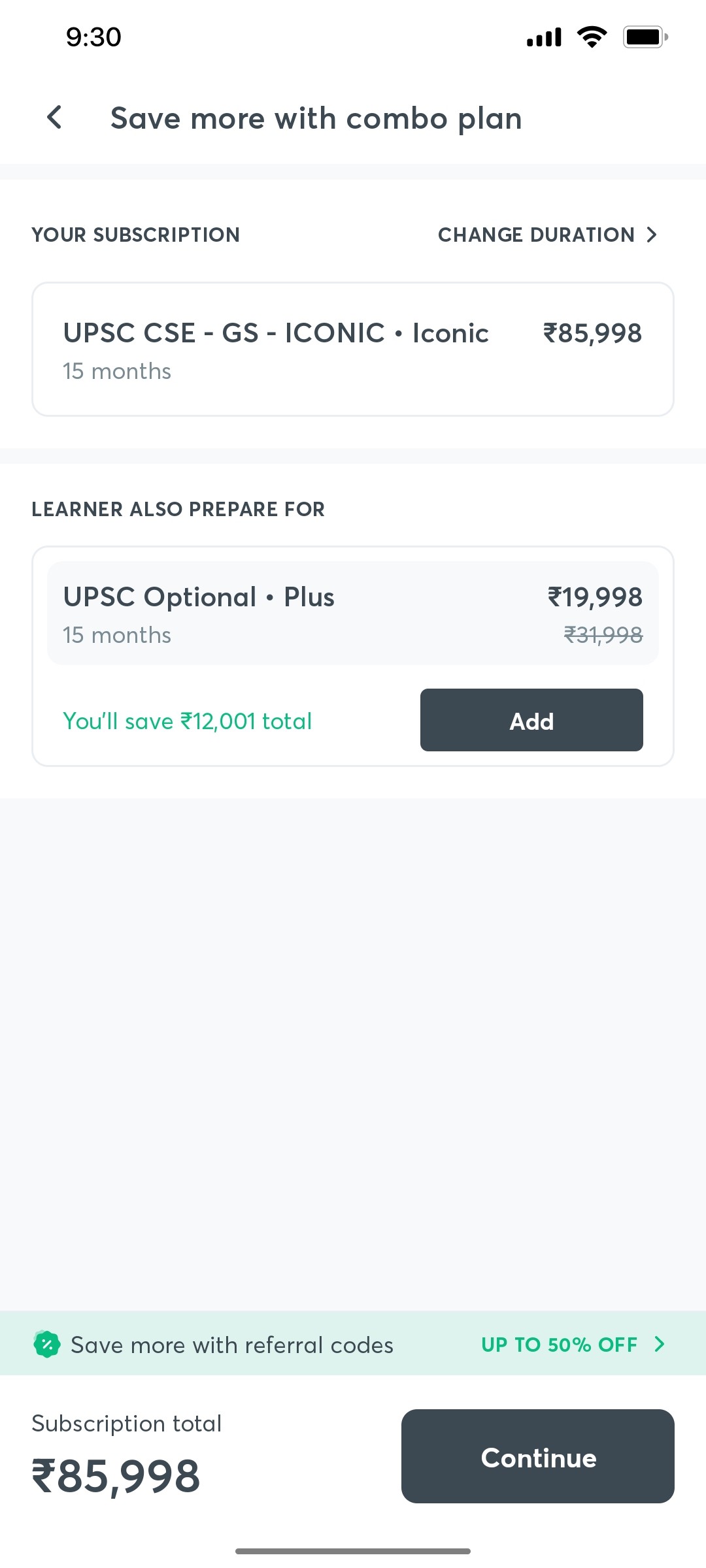 Unacademy Save More With Combo Plan Screen