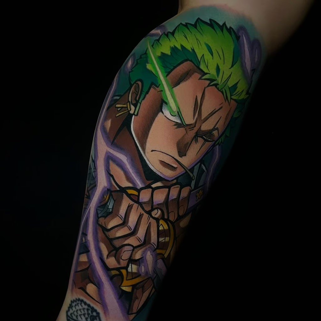 Bold and colorful tattoo of Zoro from One Piece, showcasing his intense glare and wielding a sword, created by Alex Sierra