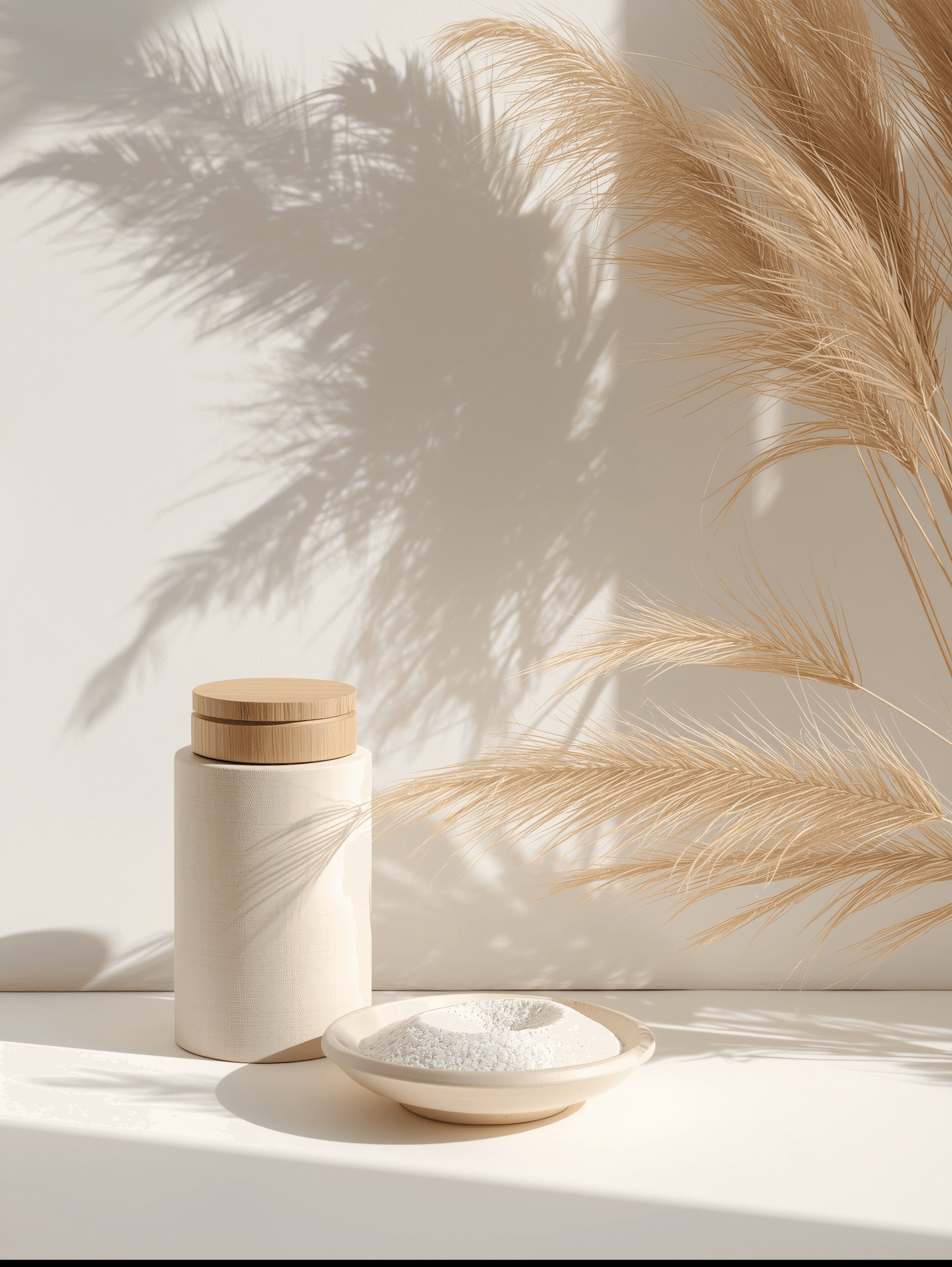 Minimalist still life with dried pampas grass, white ceramic container with wooden lid, small dish with bath salts, and dramatic palm shadows