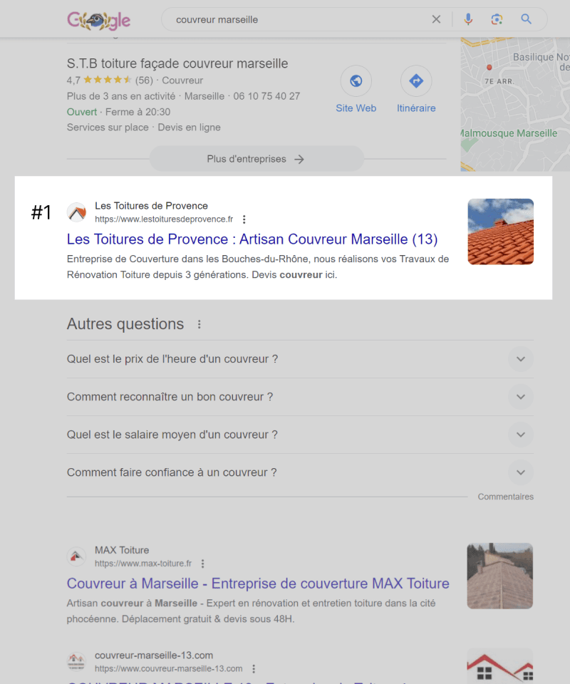 Référencement d'un site internet de couvreur arrivant premier dans les résultats de recherche
