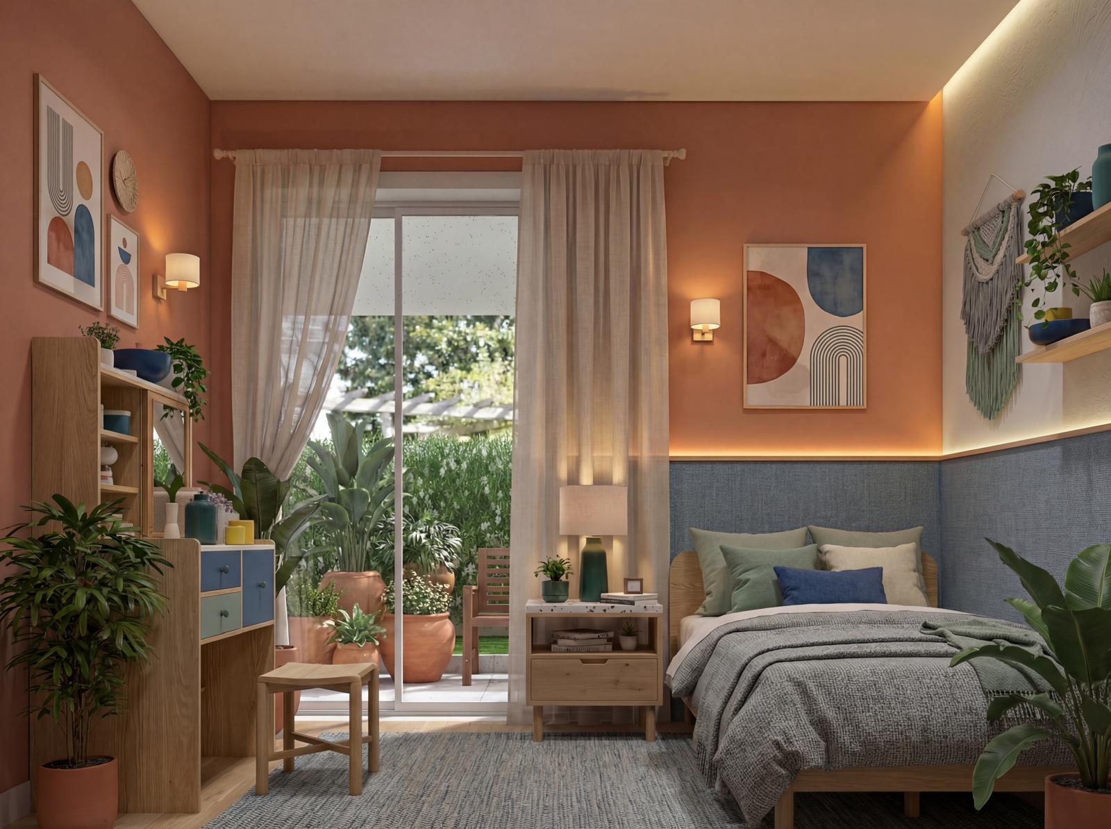 Rendering della luminosa camera da letto dei ragazzi con pareti color terracotta e accesso al giardino, dettaglio interni dei nuovi appartamenti alle porte di Torino (Collegno).