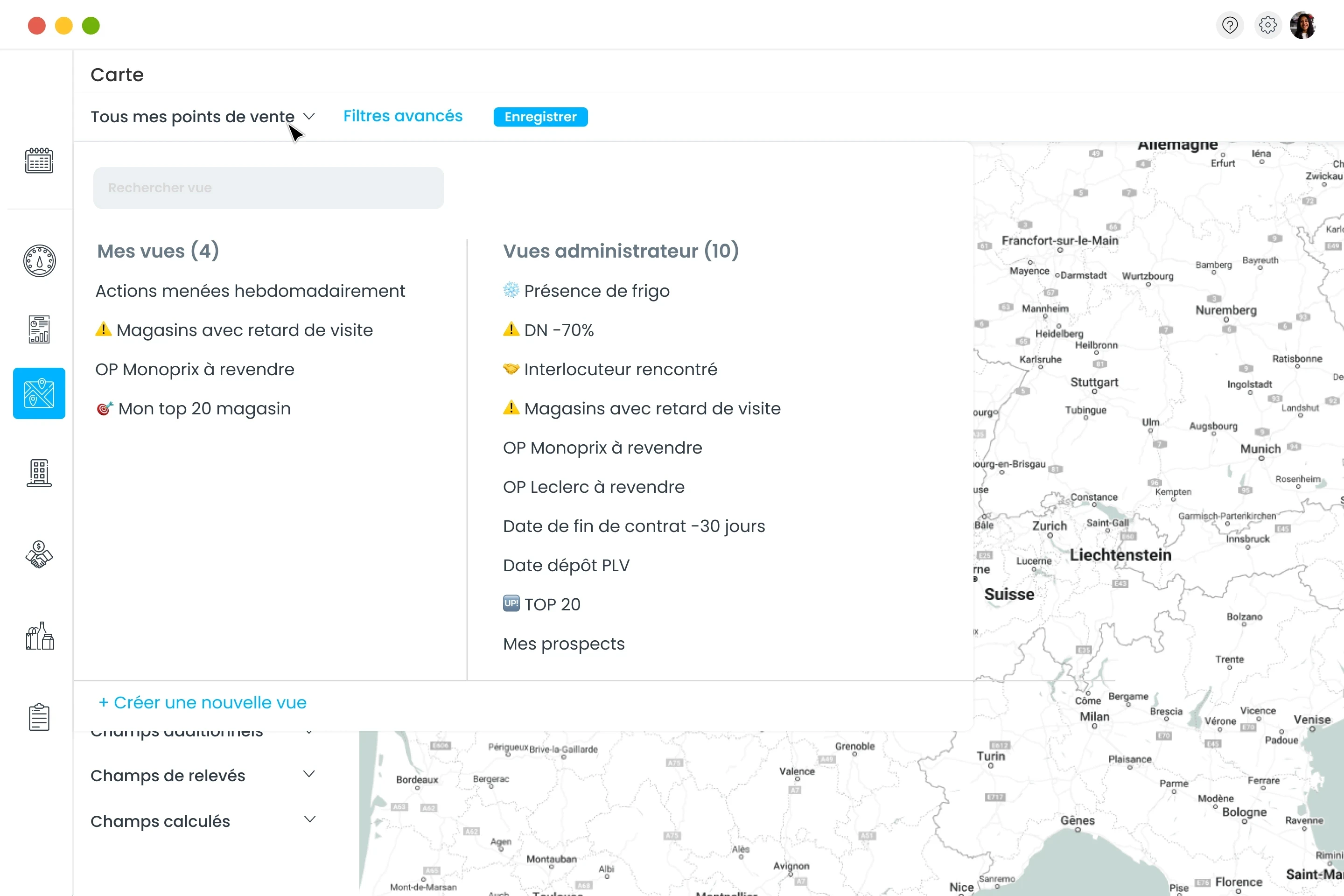 Exemple de vues filtrées pour les managers dans le CRM Sidely