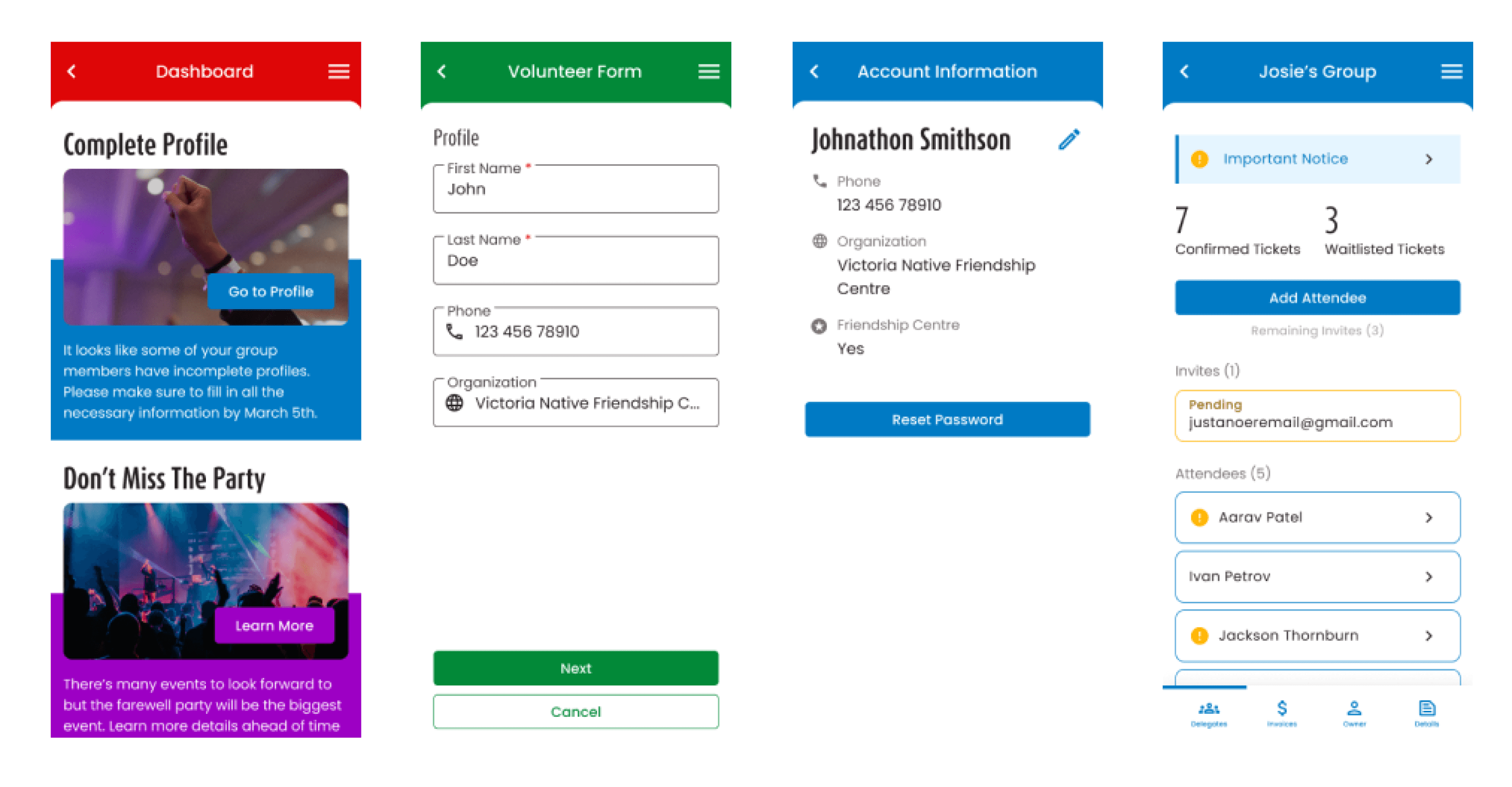 High-fidelity screenshots showcasing the application's key features: a detailed dashboard with important links, a volunteer form with user-friendly input fields, an account information page displaying personal and account details, and a profile page featuring a profile picture, user details, and customizable settings.