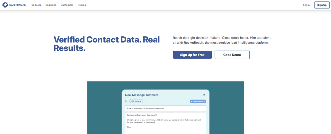 RocketReach's site showing its large contact database