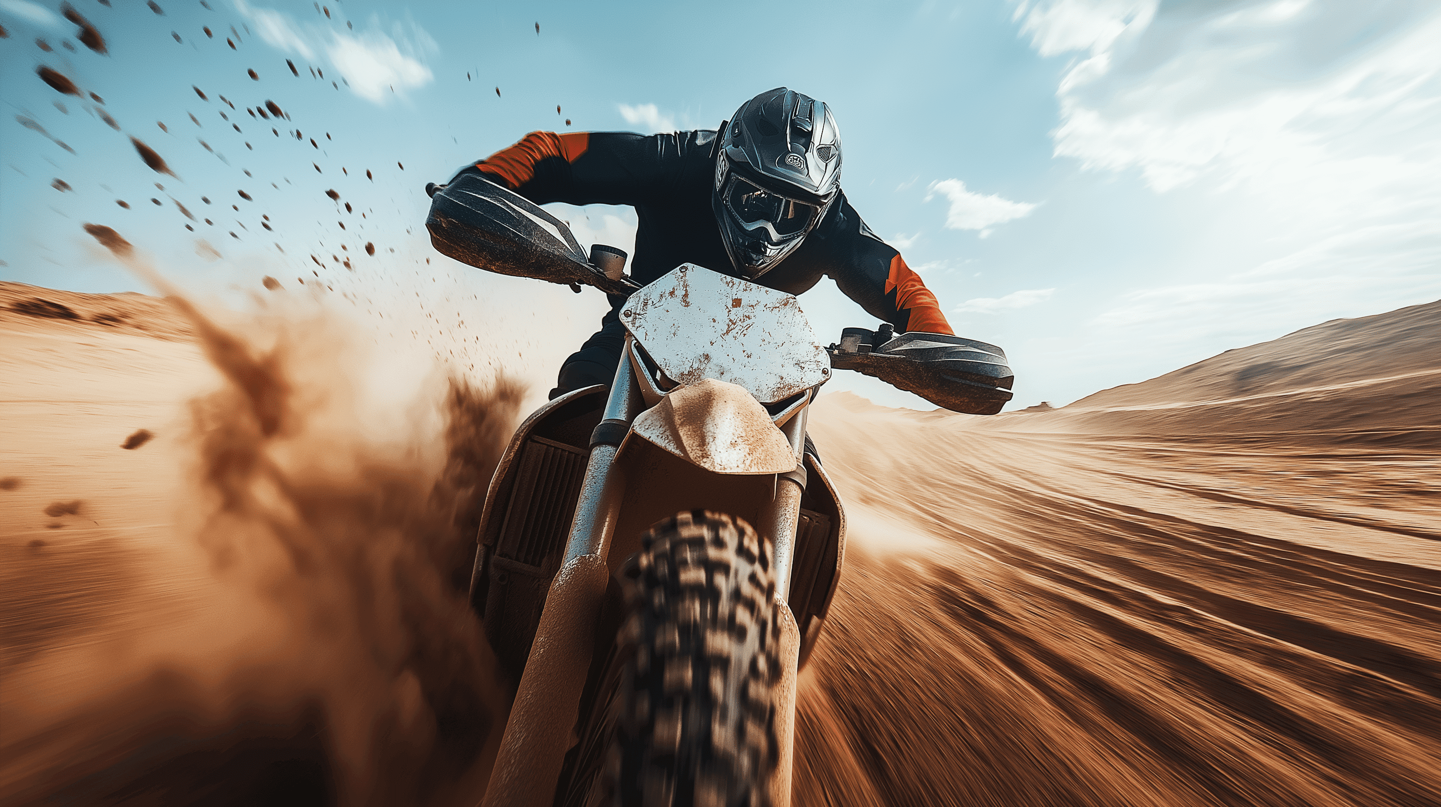 Adrenaline-fueled dirt bike rider speeding through a desert, kicking up sand as they race forward under a bright blue sky.