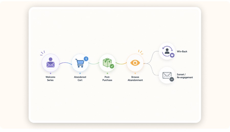 Simple illustration of key email marketing flows for dropshipping revenue growth&nbsp;