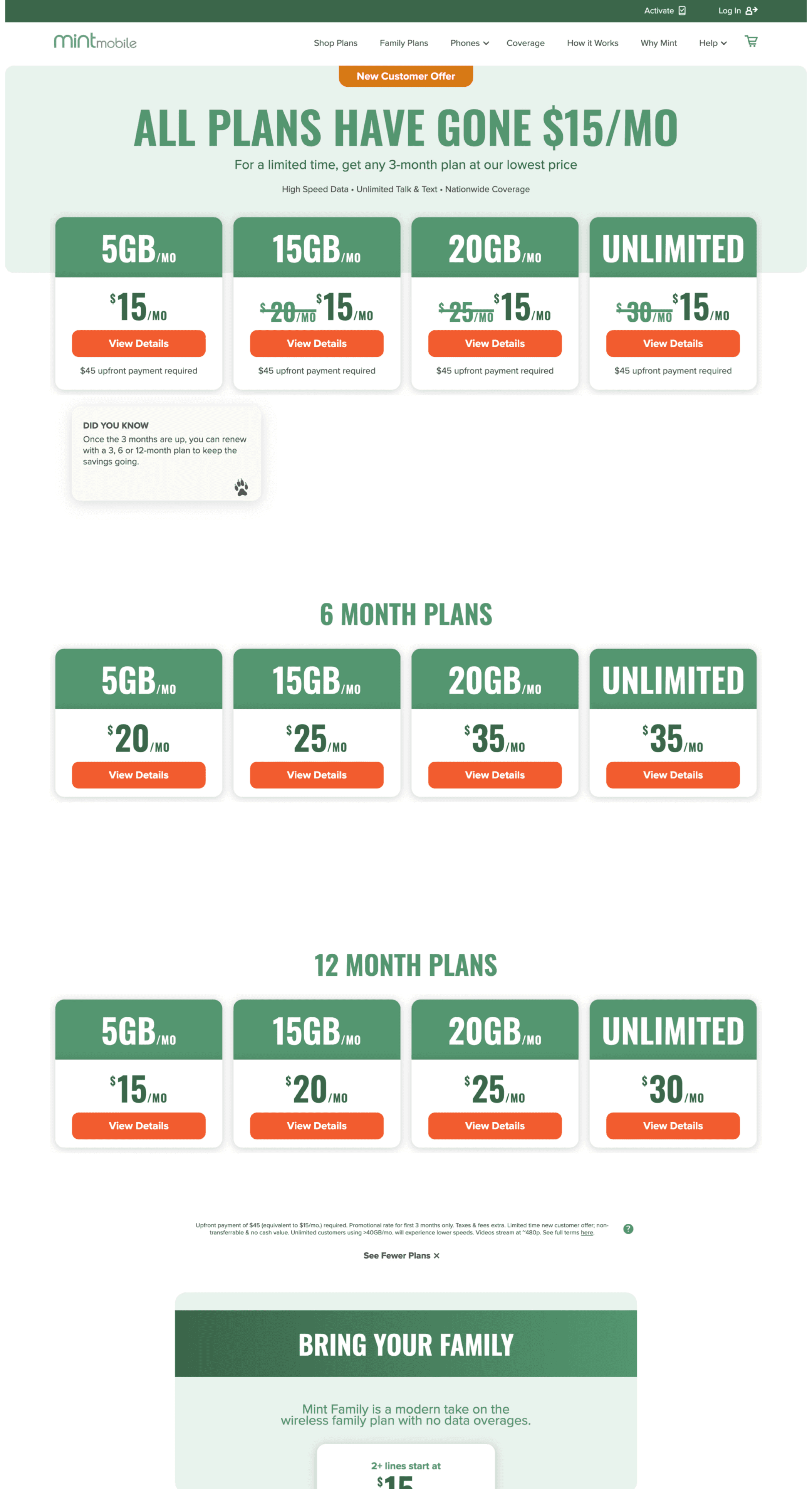 desktop view of mint mobile's plans page before the redesign