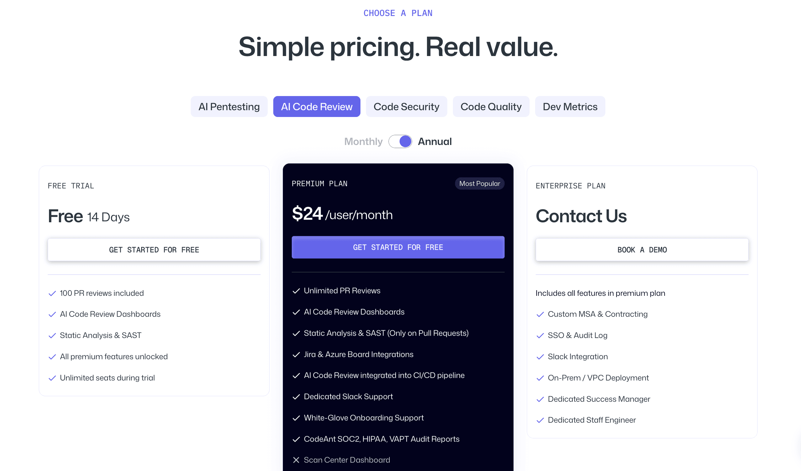code review platform pricing page.