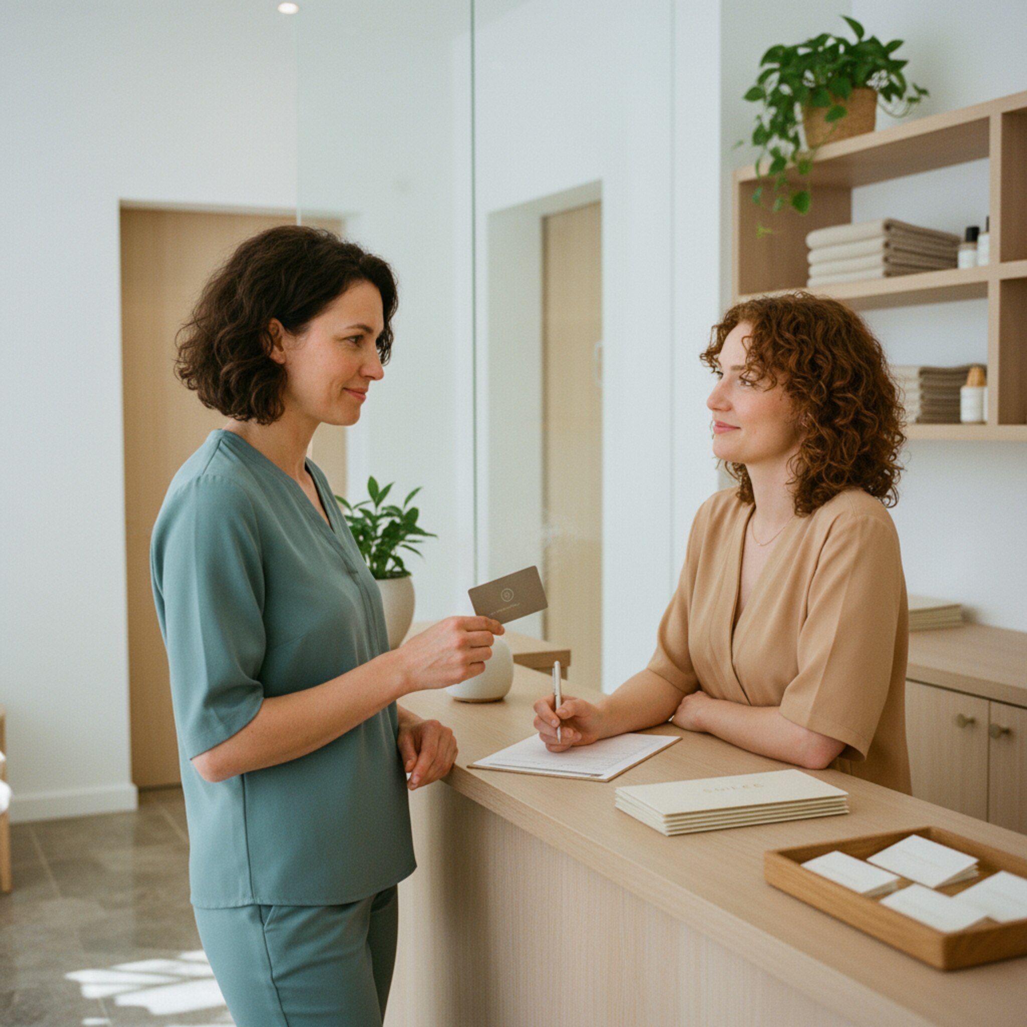 Ein Stammgast zeigt eine elegante Karte an der Rezeption, die Mitarbeiterin nickt und hakt eine Einlösung auf einer Liste ab. Daneben liegen Geschenkumschläge bereit. Die Szene steht für klare Vorteile und gelebte Stammkundschaft.