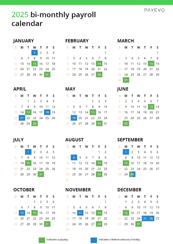 2025 semimonthly payroll calendar, otherwise known as bi-monthly payroll calendar for Canadian small business owners.