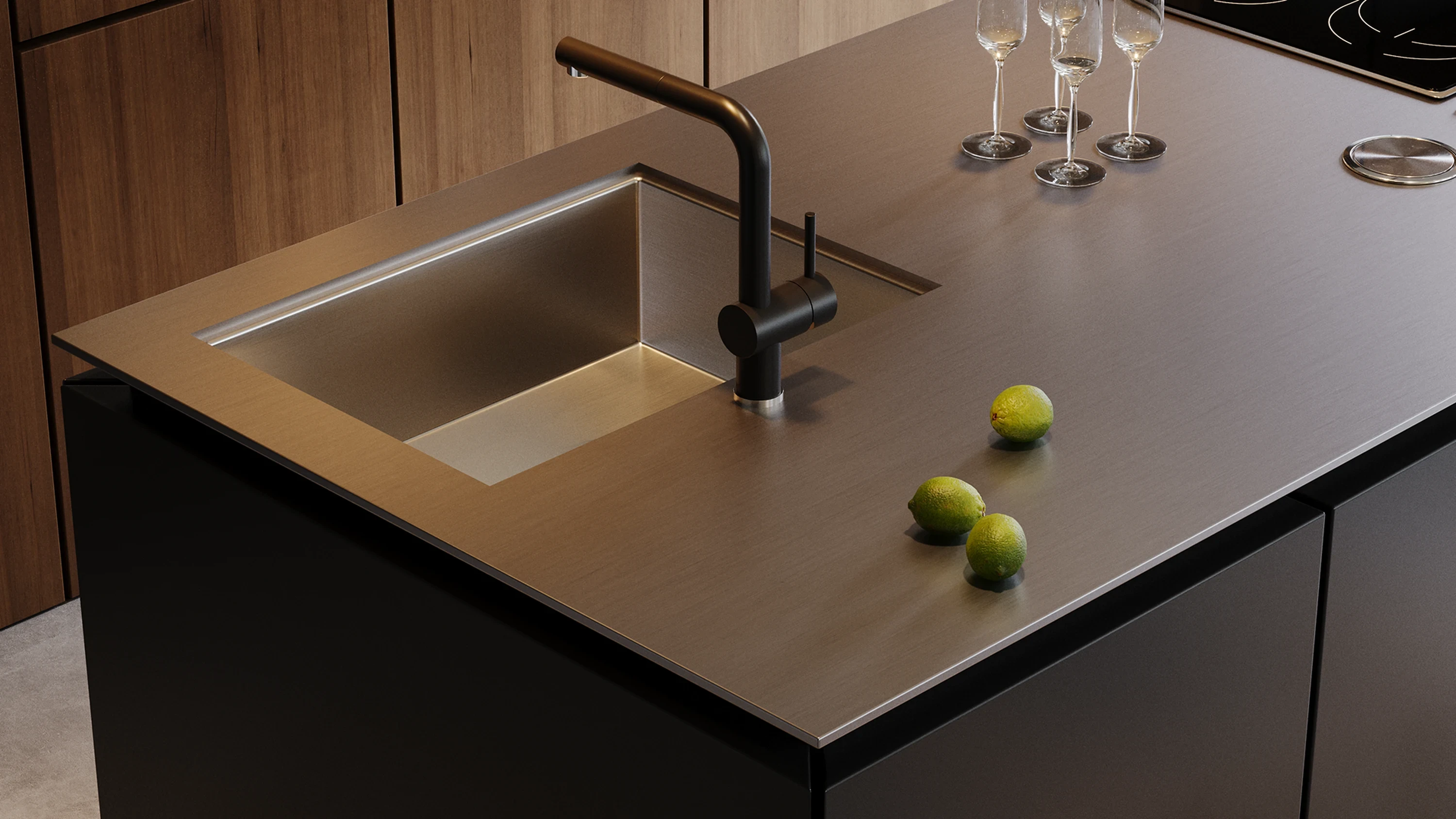 Cuisine — façades lisses et plan de travail en bois.