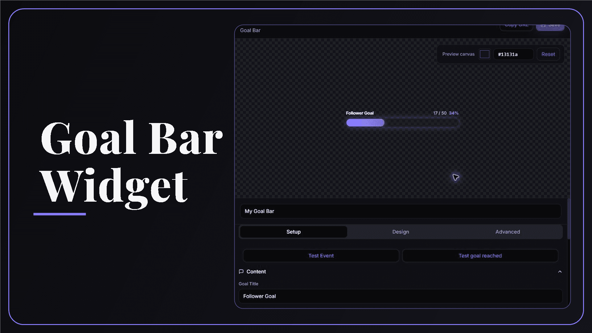 StreamSpell Goal Bar Widget editor showing a follower goal preview and customization controls