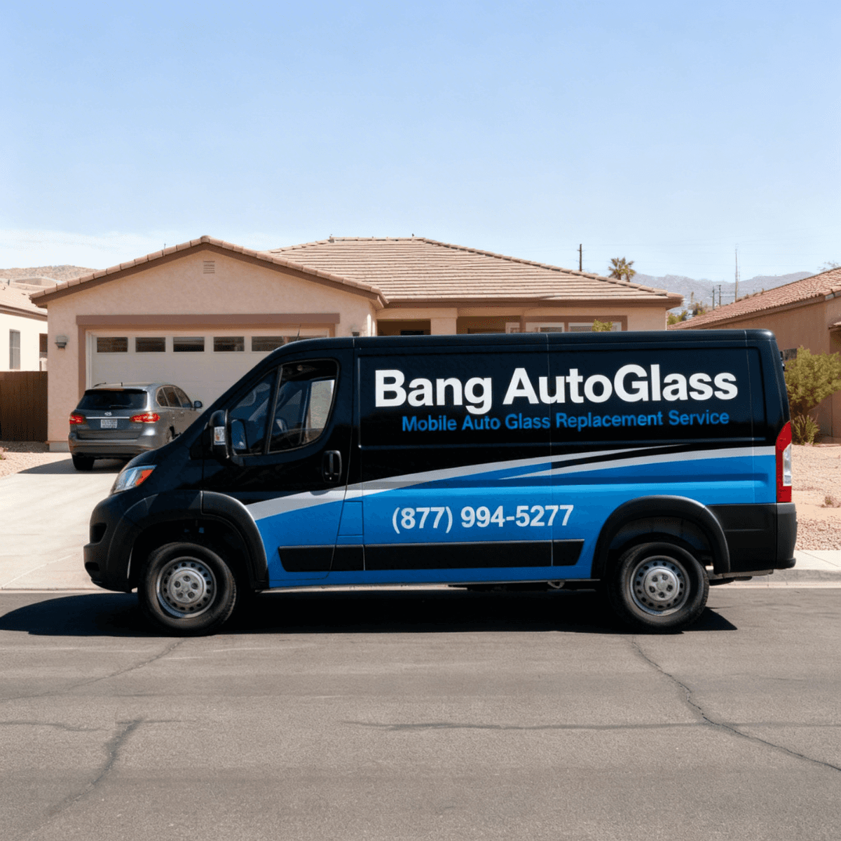 Bang AutoGlass mobile windshield replacement van parked outside a customer's home in Tolleson, AZ