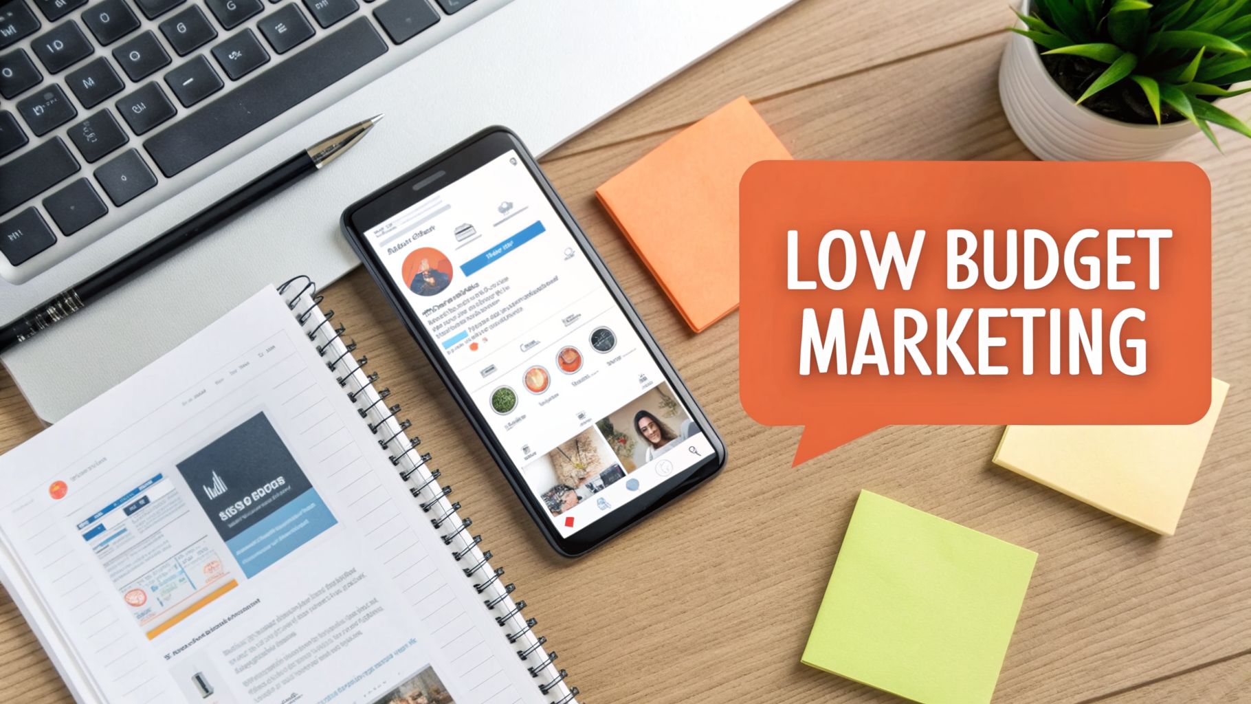 Overhead shot of a workspace with a laptop, smartphone, notebook, and sticky notes. A speech bubble says 'LOW BUDGET MARKETING'.