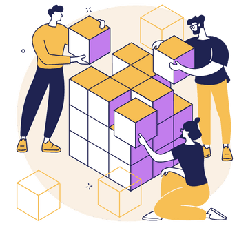 Illustration of three people assembling a large cube made of smaller colored blocks.