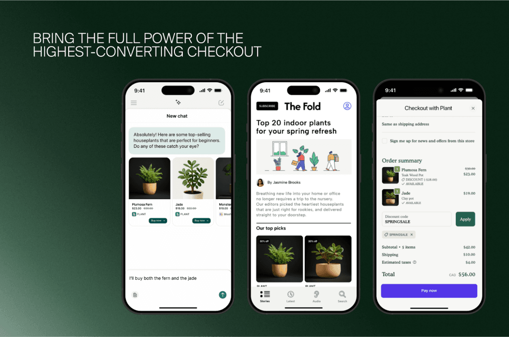 Shopping-Chat mit KI-Agent, Produktartikel und Shopify-Checkout auf drei Smartphones, Pflanzenkauf per Agent