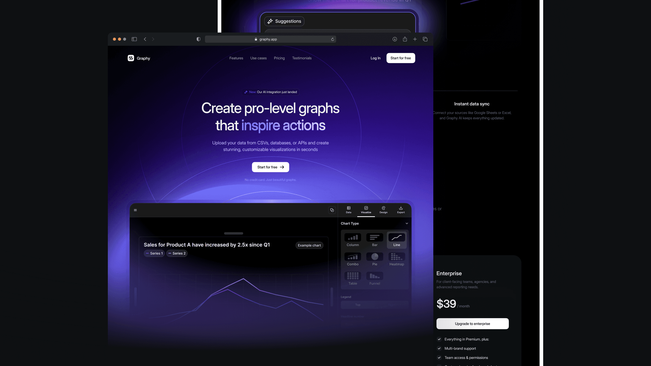 Graphy SaaS landing page design for data visualization and professional graph creation.