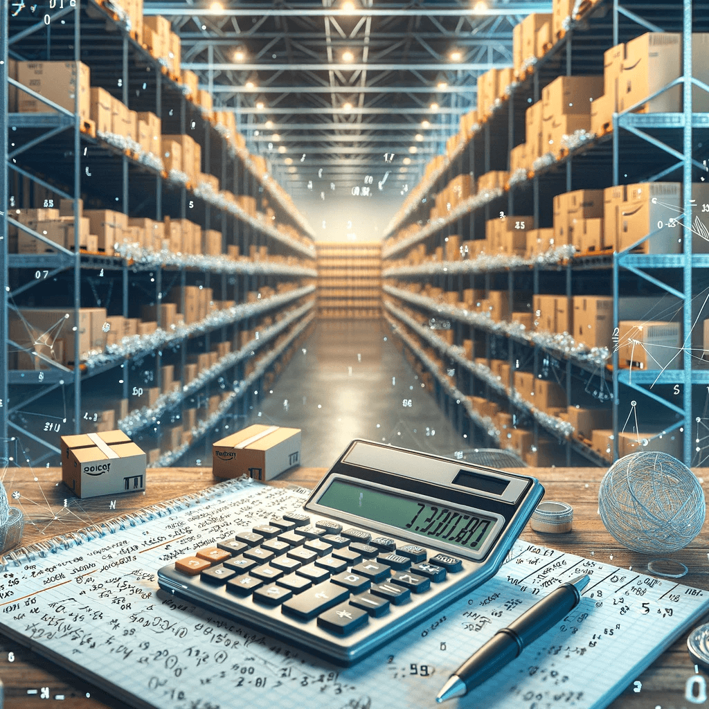 Calculator in front of an Amazon warehouse