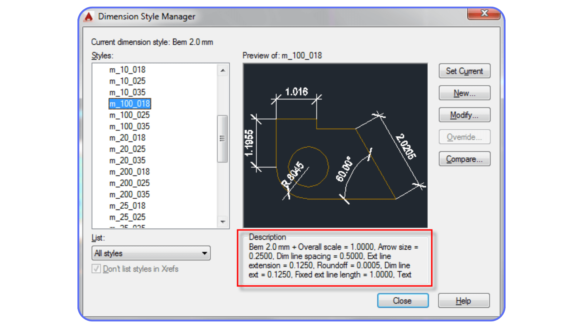 AutoCAD Dimension Style Manager displaying multiple dimension styles and detailed settings for the selected style.