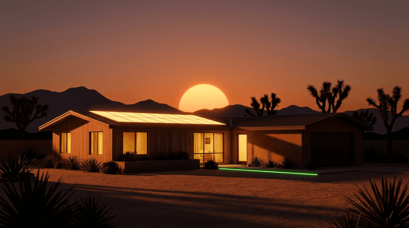 A Southern California desert home with rooftop solar at dusk