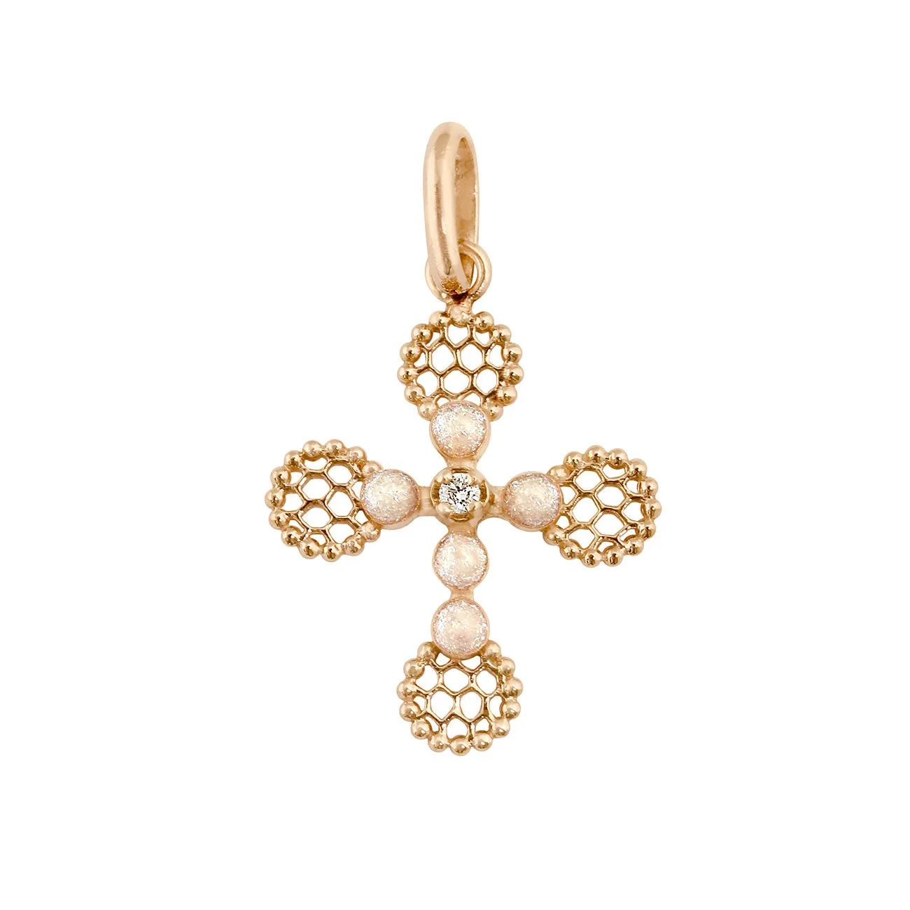 Pendentif Croix Dentelle Perlée résine opale, or rose, diamant
