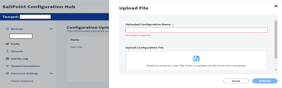 SailPoint IdentityNow Configuration Hub upload screen with required configuration name field and JSON file drag-and-drop upload option.