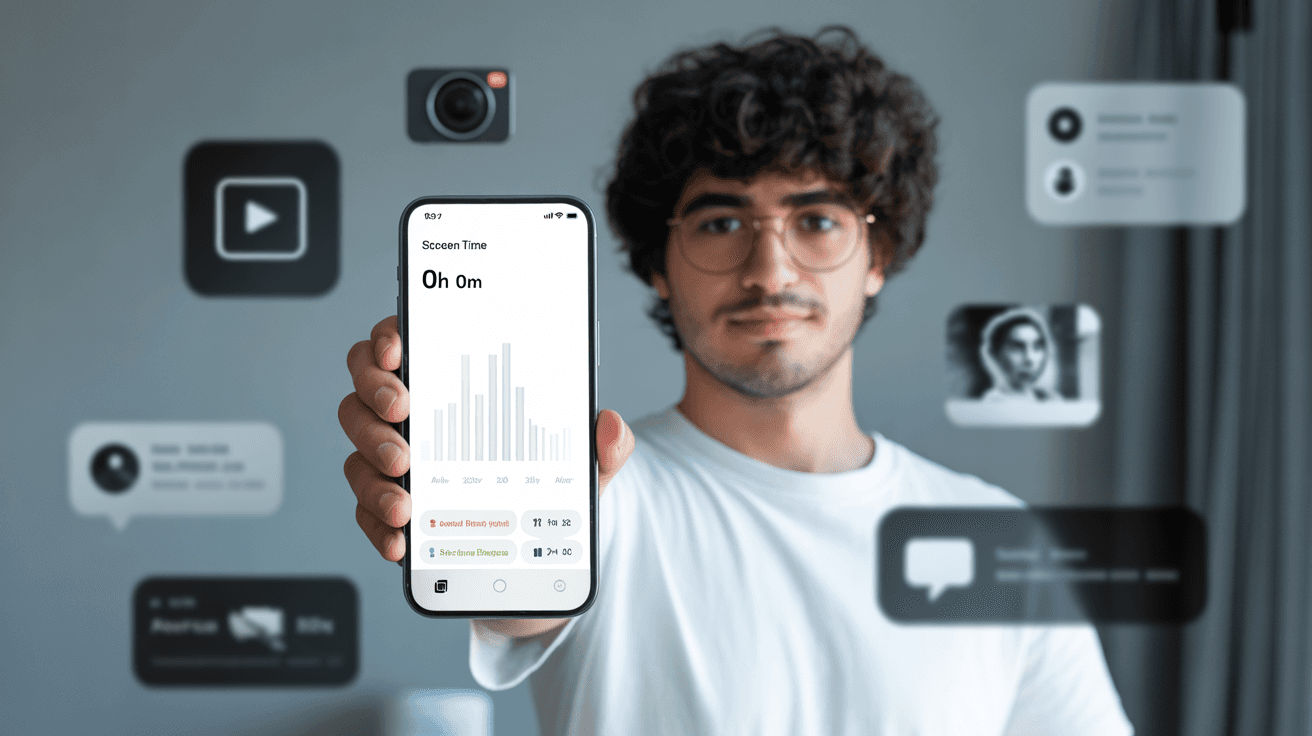 Ali Abdaal-style focus habits thumbnail with phone showing zero screen time against blurred social app noise