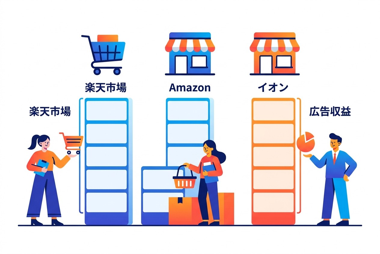 国内主要3社のリテールメディア事業規模比較。楽天とAmazonがEC中心、イオンが実店舗連動型で差別化を図る構造が明確に現れている。