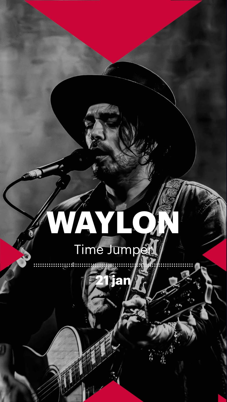 Digital signage promotion poster featuring musician Waylon performing live with bold event branding and concert details.