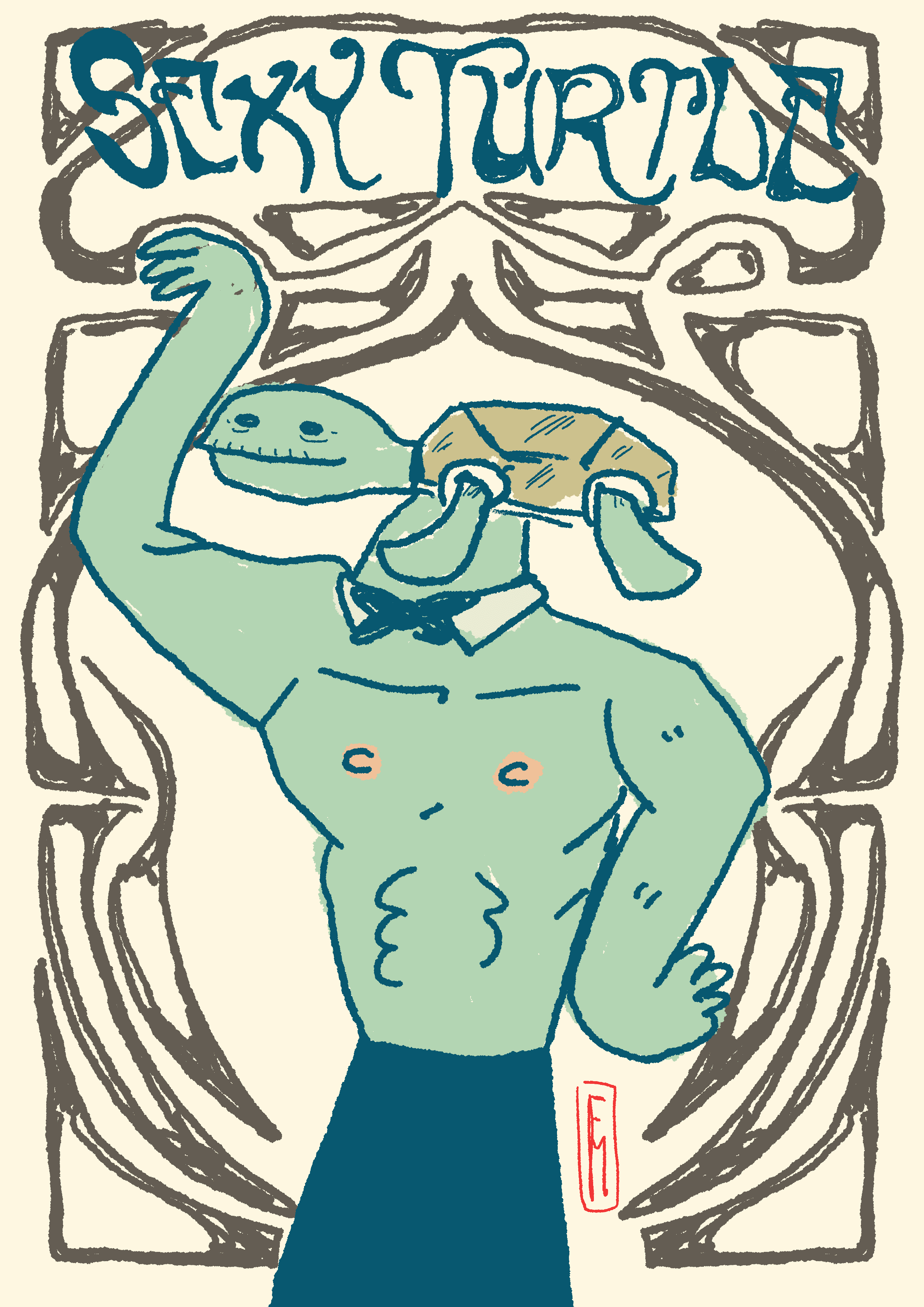 A sexy male dancer with a tutle instead of a head