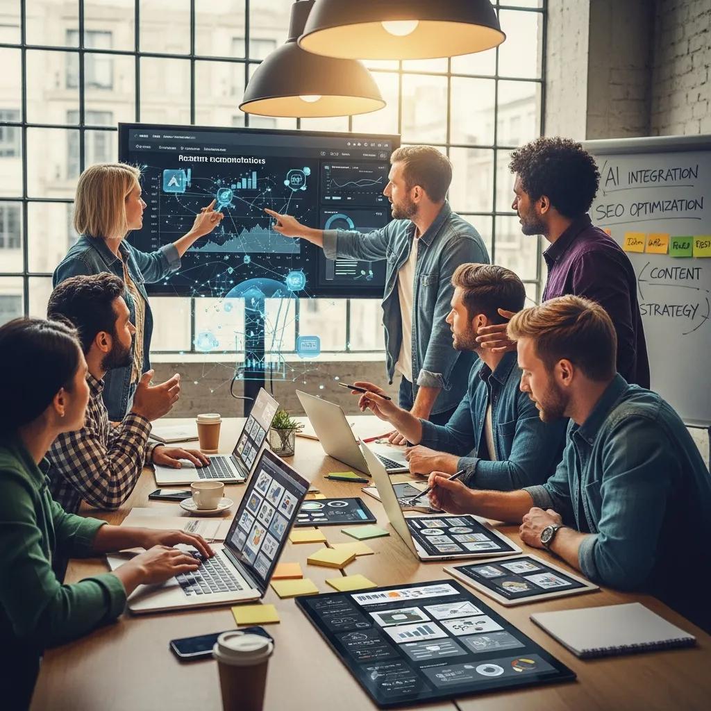 Professionals collaborating on content creation using AI tools in a dynamic environment