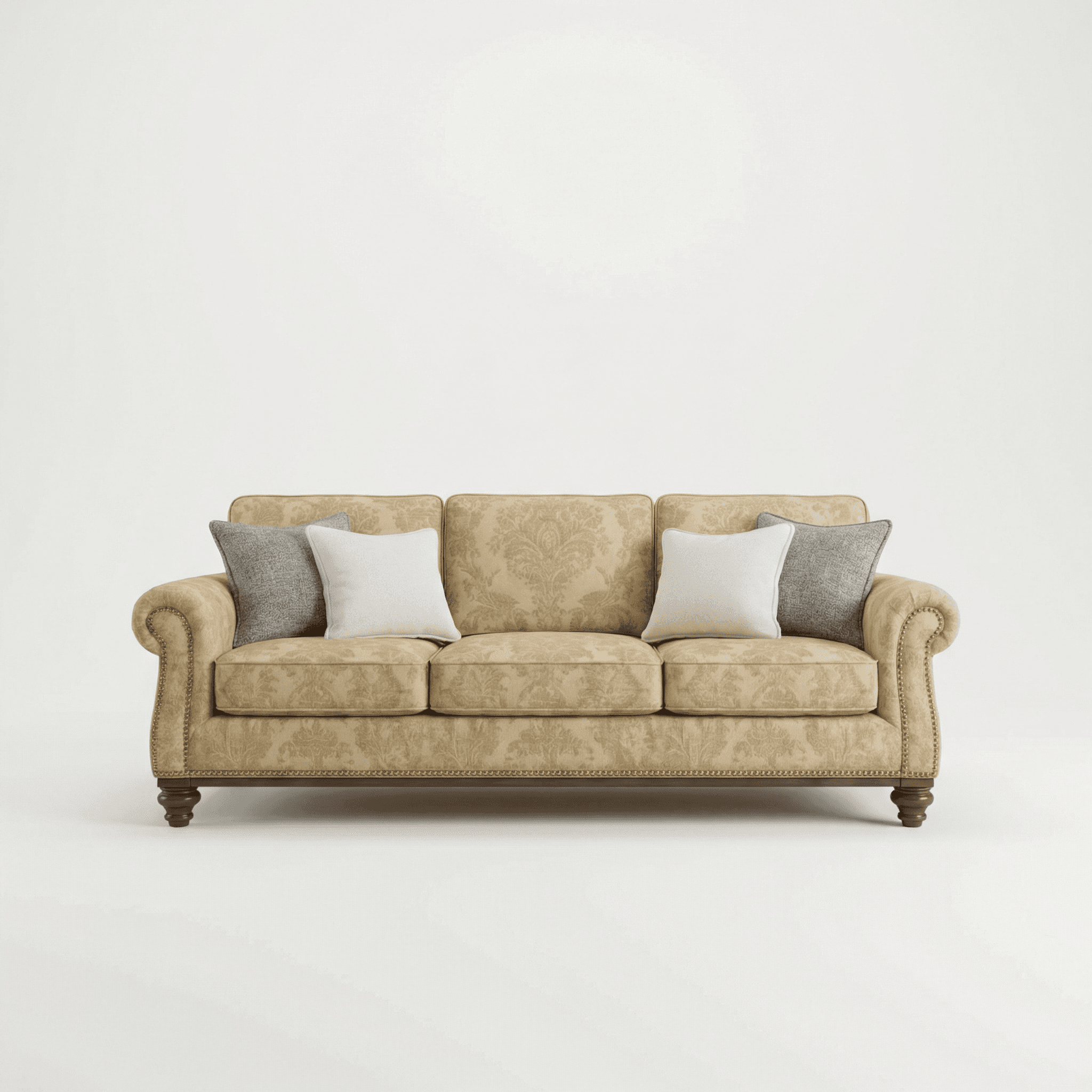 Three‑seater beige upholstered sofa with rolled arms, patterned fabric, and wooden legs