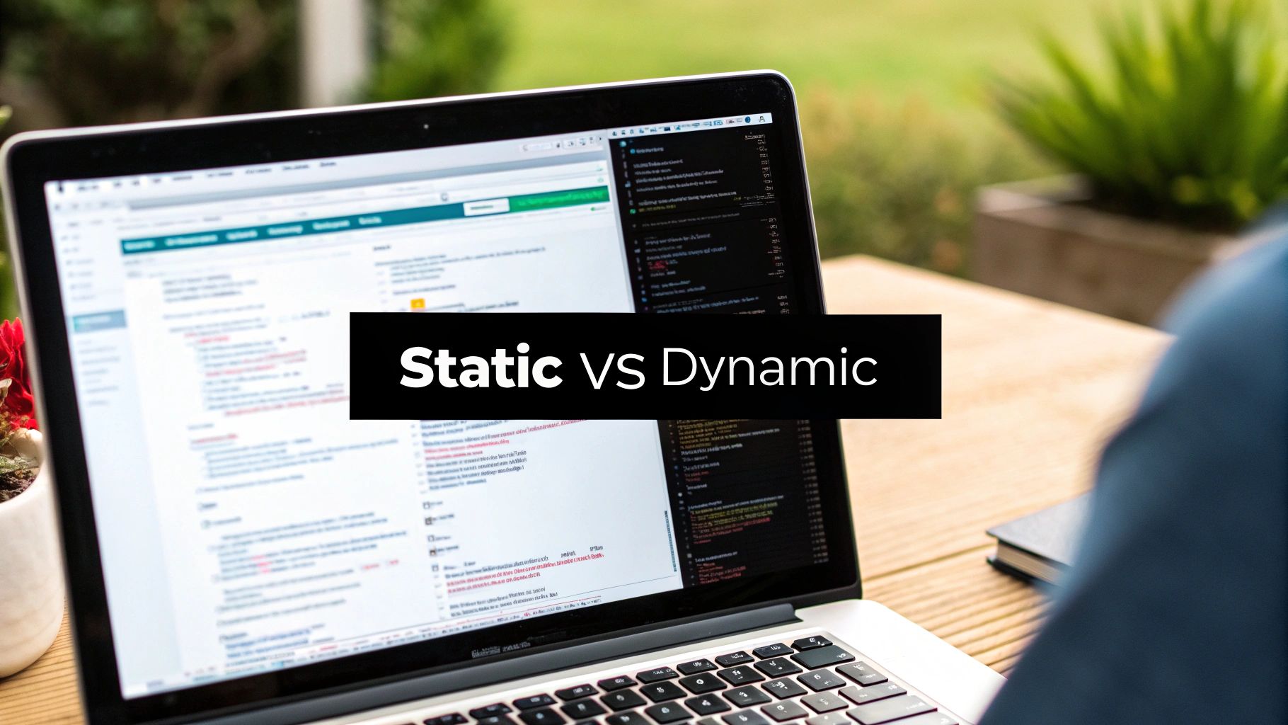 A laptop screen showing code and a website with a 'Static vs Dynamic' text overlay, set outdoors.