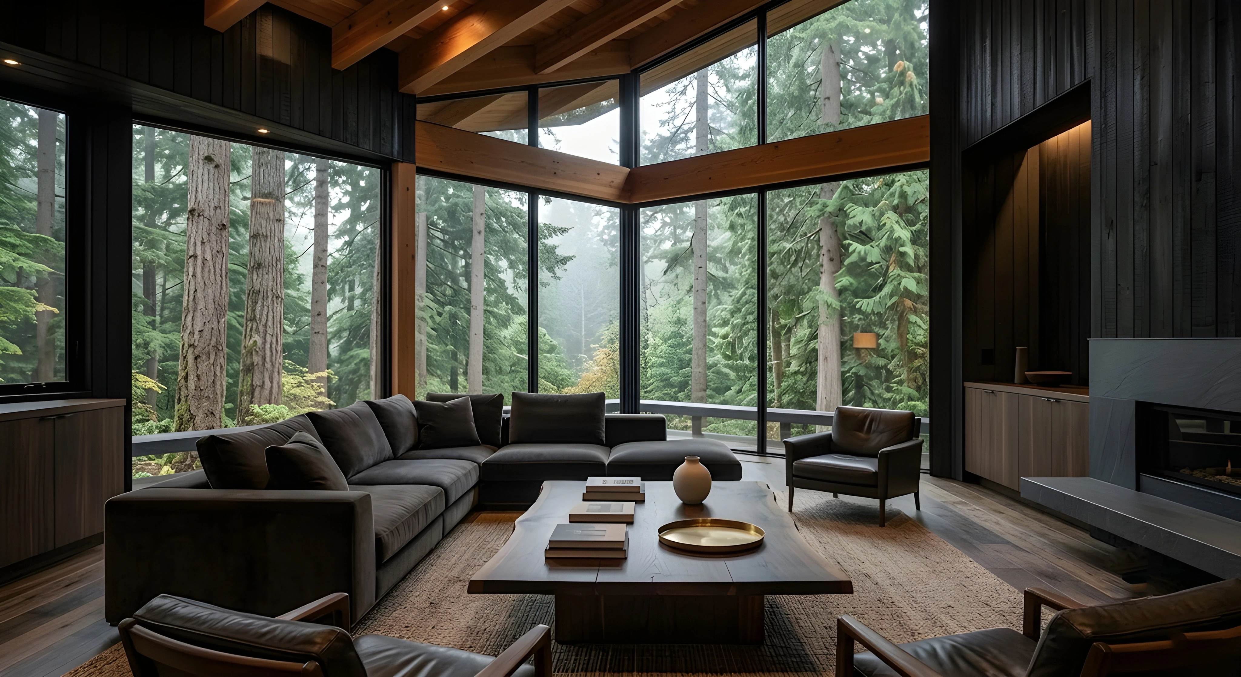 A spacious, modern living room interior featuring exposed wooden ceiling beams and massive glass walls that offer a panoramic view of a dense, misty pine forest. A large charcoal-gray sectional sofa and matching leather armchairs surround a low, live-edge wood coffee table on a neutral area rug.