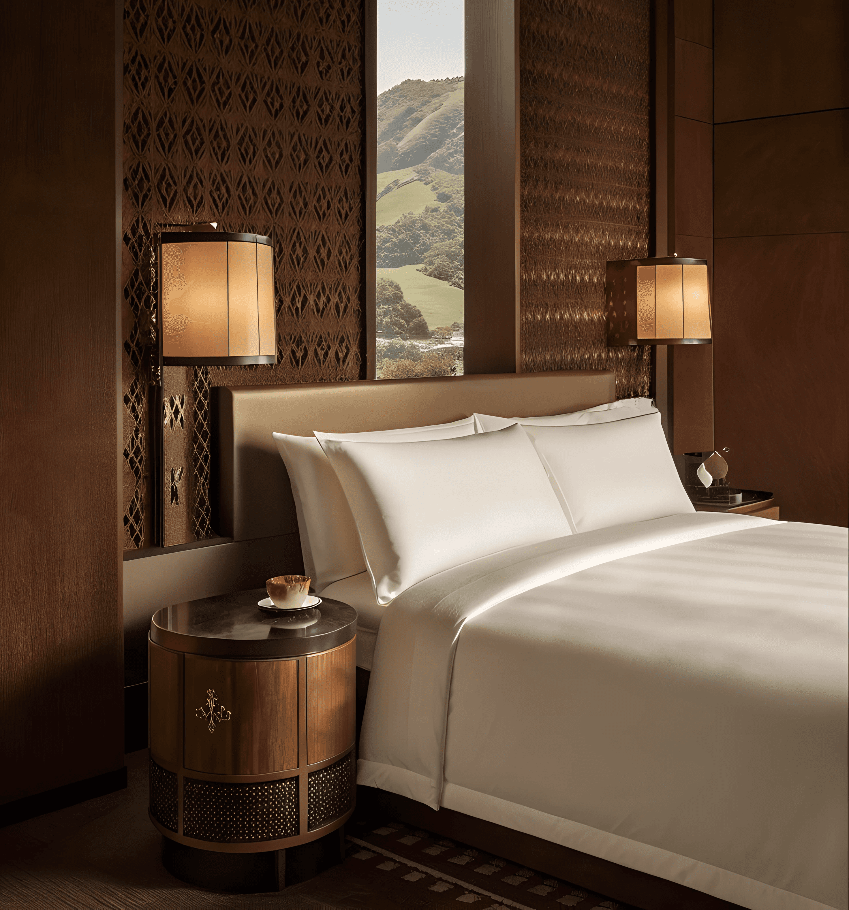 black and white bed near brown wooden table