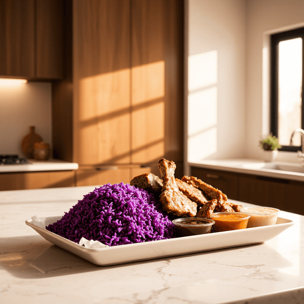 product photography of a takeout meal with rice, meat, and side dishes