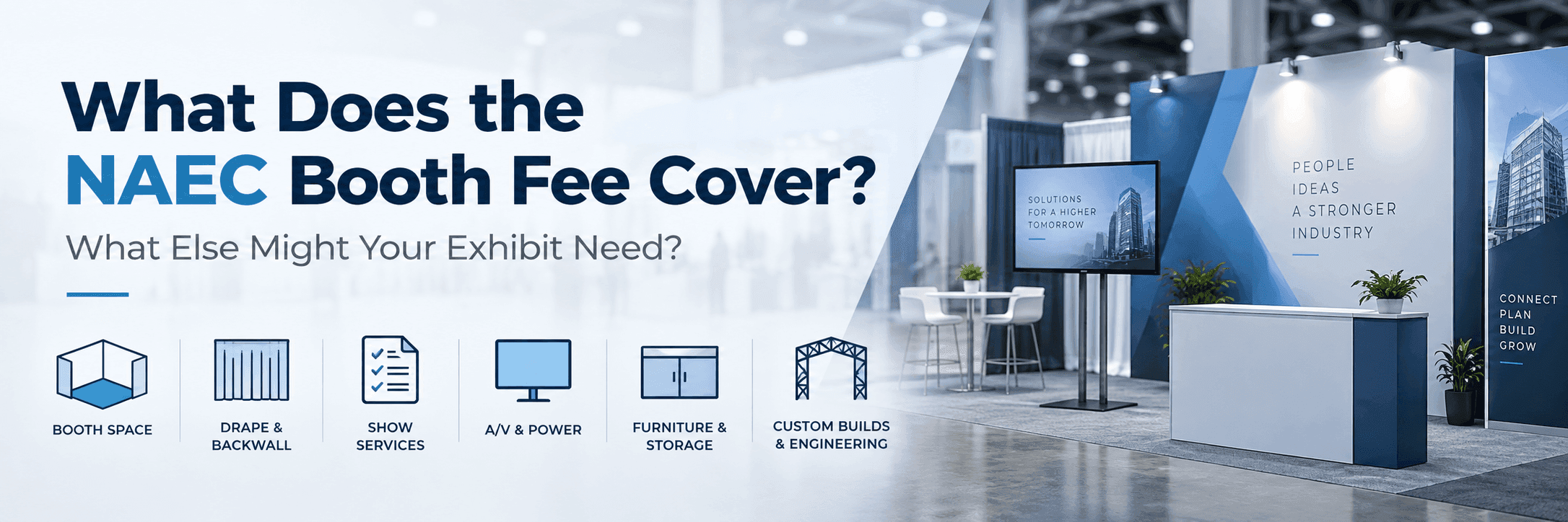 NAEC booth fee and exhibit setup guide with booth space, display, storage, and custom structure icons