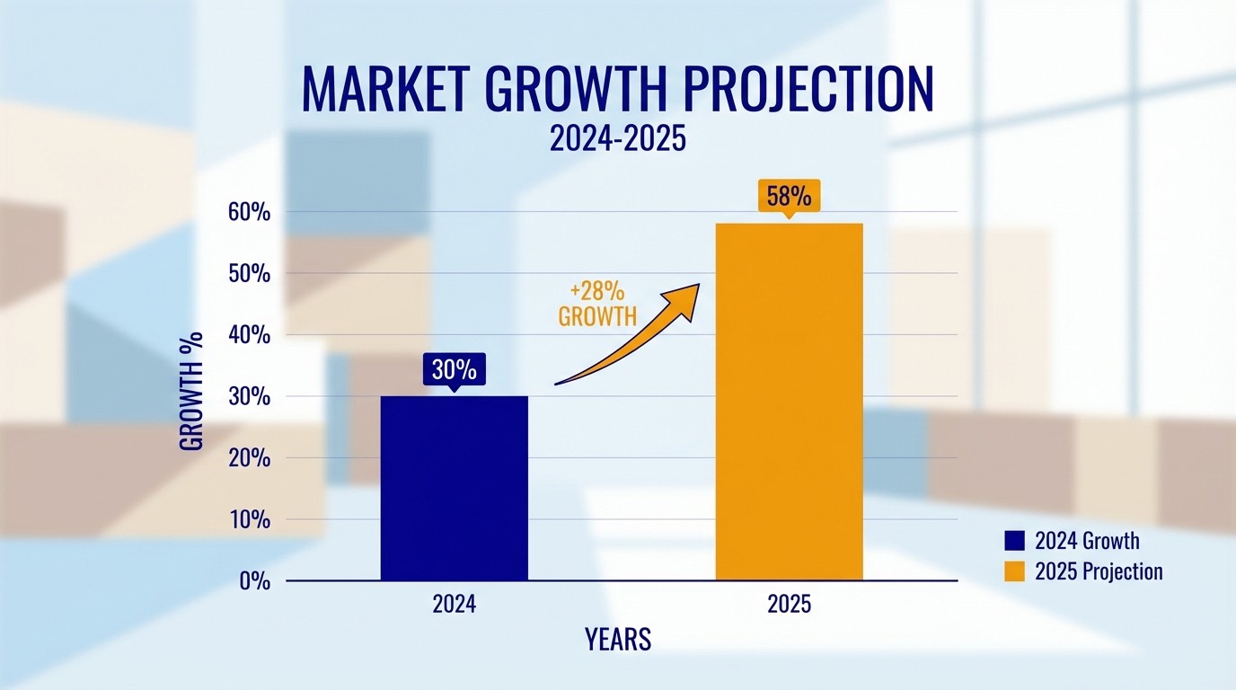 A professional infographic showing an upward growth trend for the AI-in-HR market between 2024 and 2025, using clean, warm-toned charts in a bright office setting.
