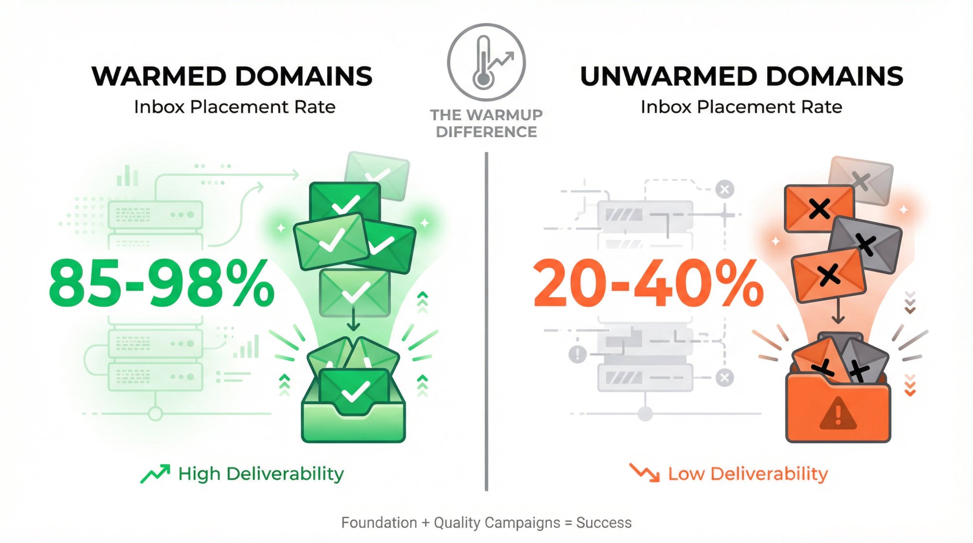 Email warmup success rates comparison showing 85-98% inbox placement for warmed domains versus 20-40% for unwarmed domains