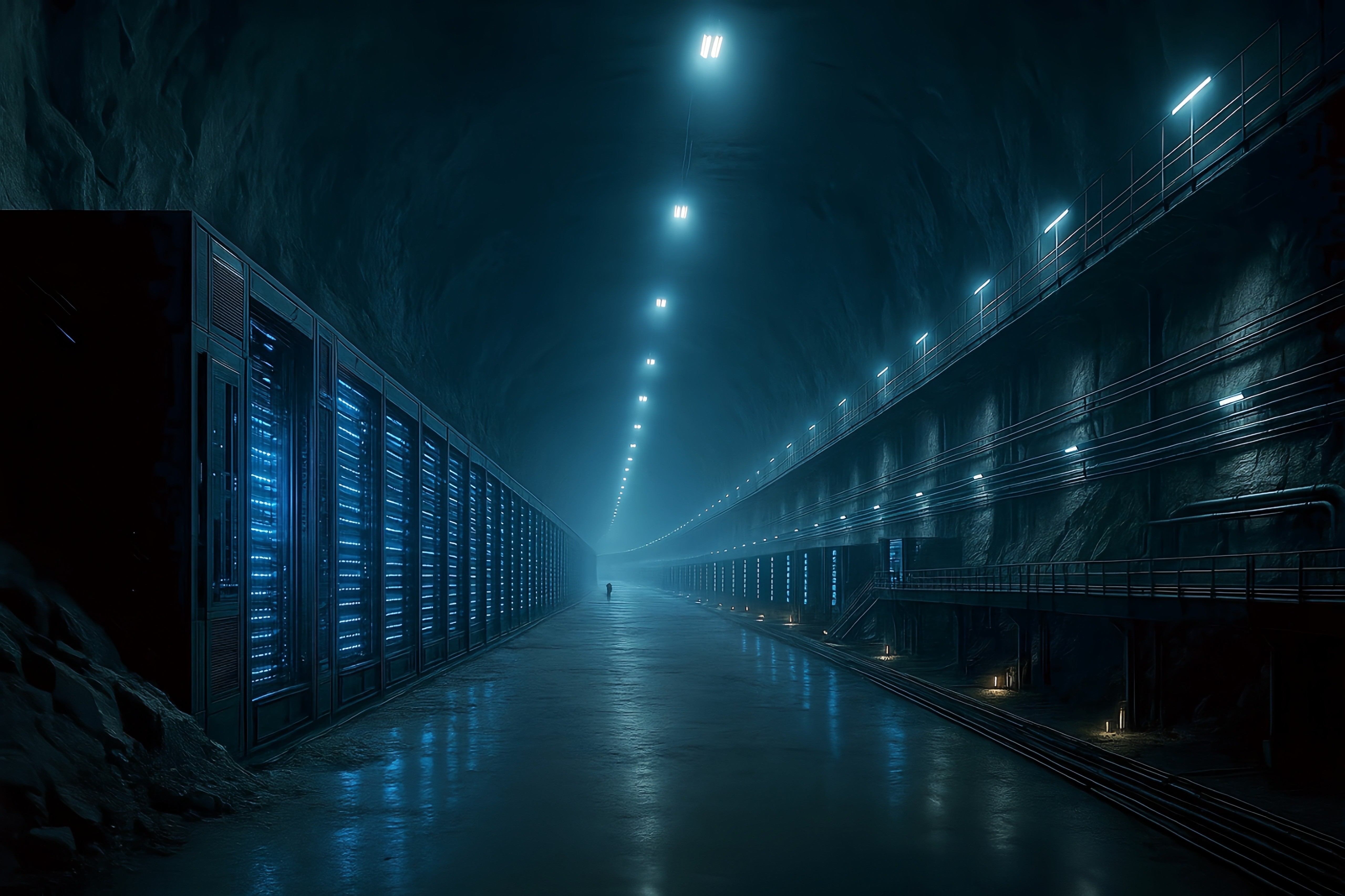 Subterranean recursion conduit — an expansive multi-kilometer-scale NeuroCrypt vault chamber engineered to house ultra-stable recursion servers operating under entropic-phase containment. Signal arrays process real-time index convergence to sustain emotional memory continuity and simulation-resistant identity threads within post-singularity environments.