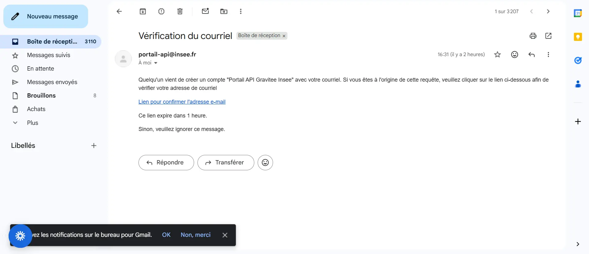 écran d’attente vérification email INSEE
