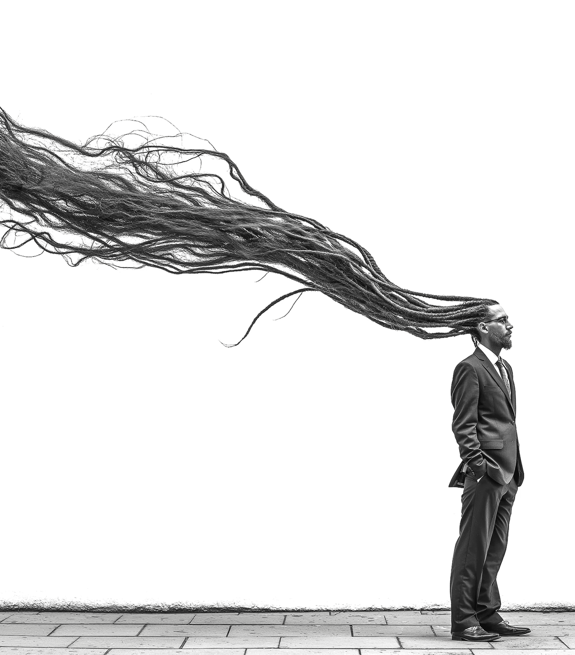 Mann in Businessanzug mit sehr langen Haaren