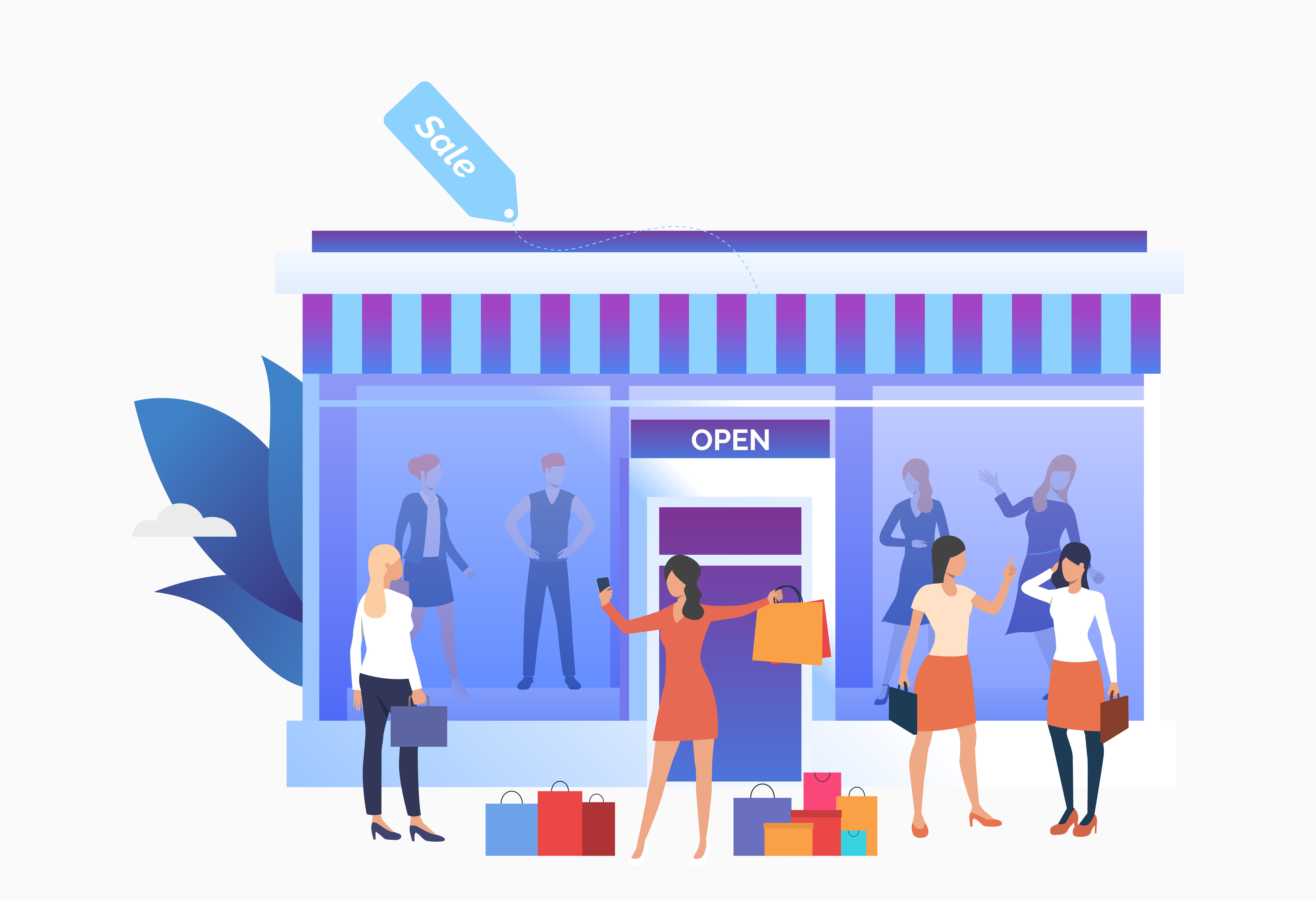 Illustration of shoppers outside a retail storefront with sale tag and shopping bags