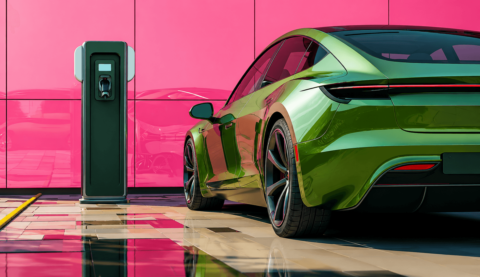 Véhicule électrique devant borne de recharge