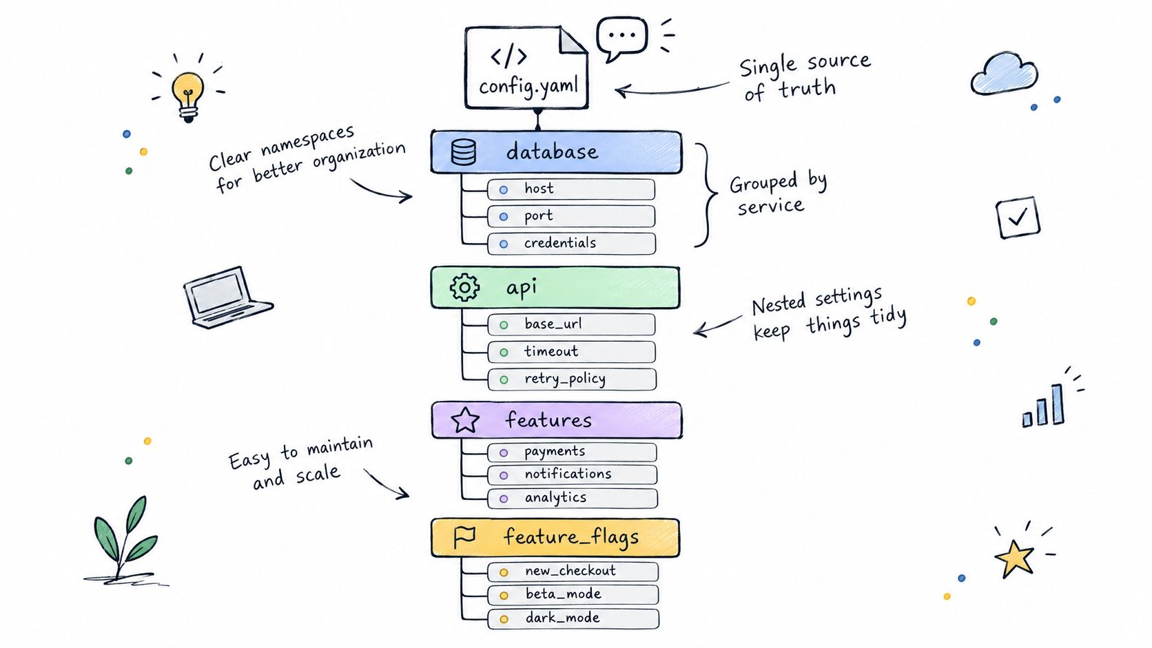 A hand-drawn diagram illustrating a structured YAML configuration file, organized into grouped services and nested settings.